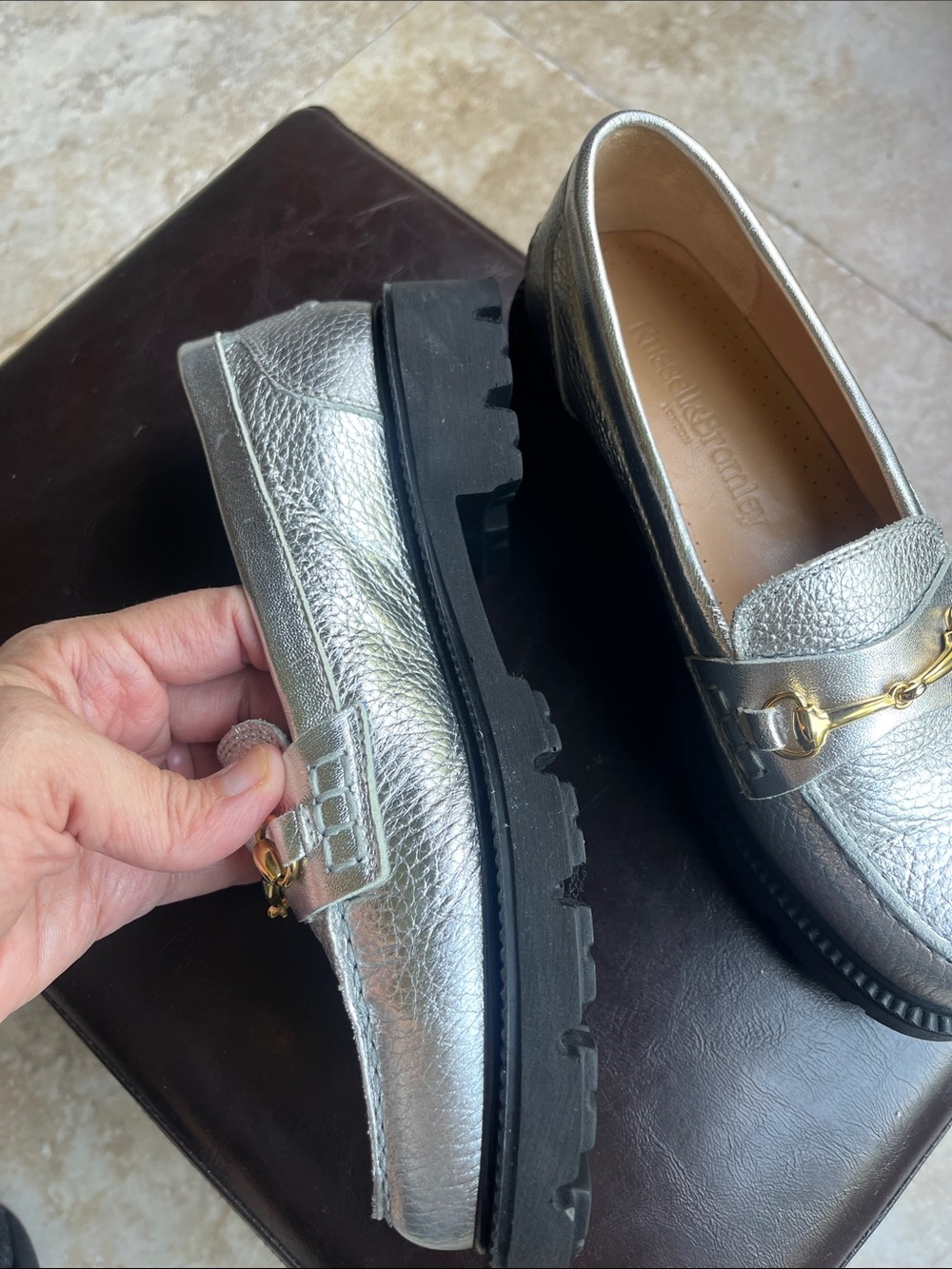 Russell & Bromley Silver Metallic Leather Loafers with Gold Bit New without Box